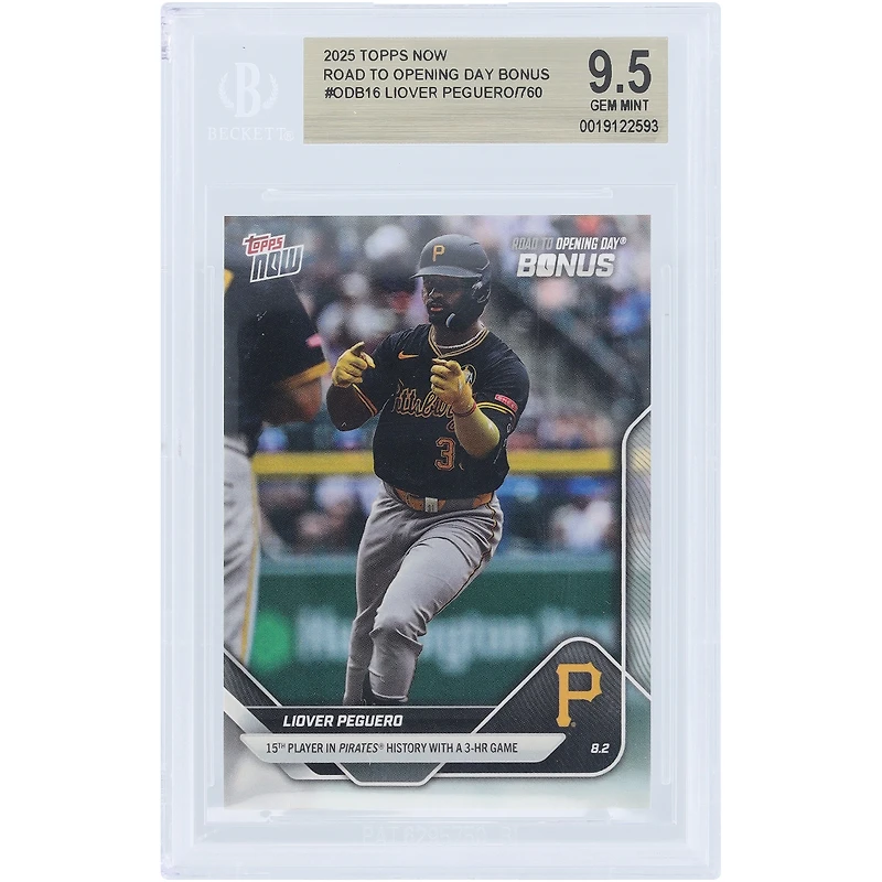 Liover Peguero, Pirates de Pittsburgh, carte Topps Now 2025, 15e joueur de l'histoire des Pirates avec un match à 3 circuits, n° ODB16, authentifiée BGS 9.5