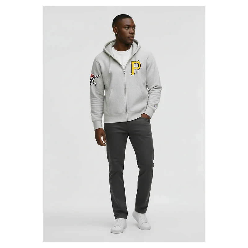 Men's Champion Heather Gray Pittsburgh Pirates Reverse Weave Chenille Full-Zip Hoodie