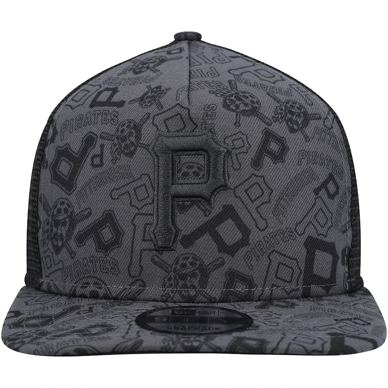 Men's New Era Black Pittsburgh Pirates Repeat A-Frame 9FIFTY Trucker Snapback Hat