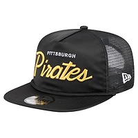 Casquette de golf ajustable noire New Era pour homme, motif rétro en satin des Pirates de Pittsburgh