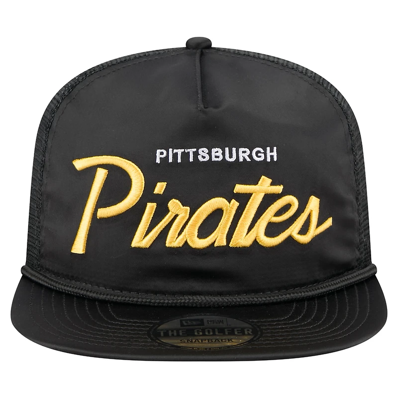 Casquette de golf ajustable noire New Era pour homme, motif rétro en satin des Pirates de Pittsburgh