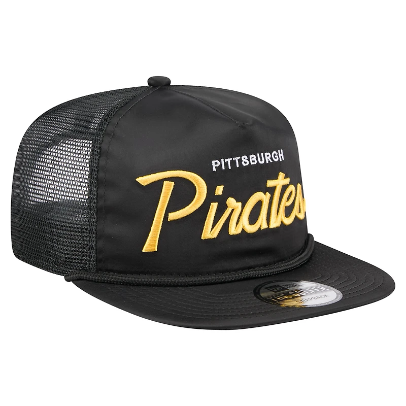 Casquette de golf ajustable noire New Era pour homme, motif rétro en satin des Pirates de Pittsburgh