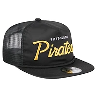 Casquette de golf ajustable noire New Era pour homme, motif rétro en satin des Pirates de Pittsburgh