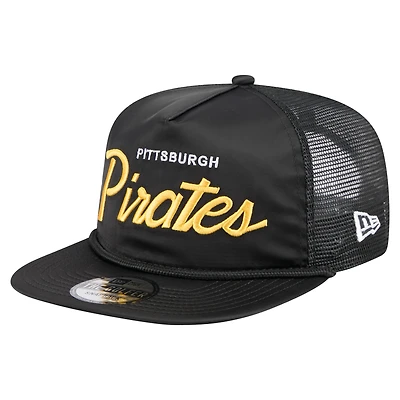 Casquette de golf ajustable noire New Era pour homme, motif rétro en satin des Pirates de Pittsburgh