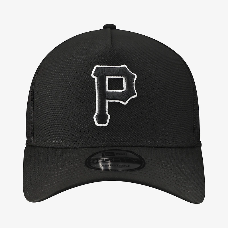 Men's New Era Black Pittsburgh Pirates Side Script 9FORTY A-Frame Trucker Adjustable Hat