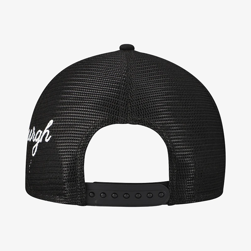 Men's New Era Black Pittsburgh Pirates Side Script 9FORTY A-Frame Trucker Adjustable Hat