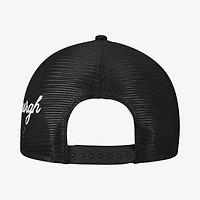 Men's New Era Black Pittsburgh Pirates Side Script 9FORTY A-Frame Trucker Adjustable Hat