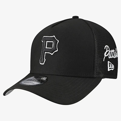 Men's New Era Black Pittsburgh Pirates Side Script 9FORTY A-Frame Trucker Adjustable Hat