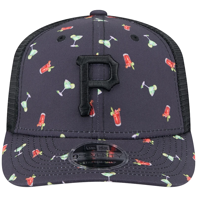 Men's New Era Navy Pittsburgh Pirates Adventure Drinks Pattern 9SEVENTY Stretch-Snap Hat