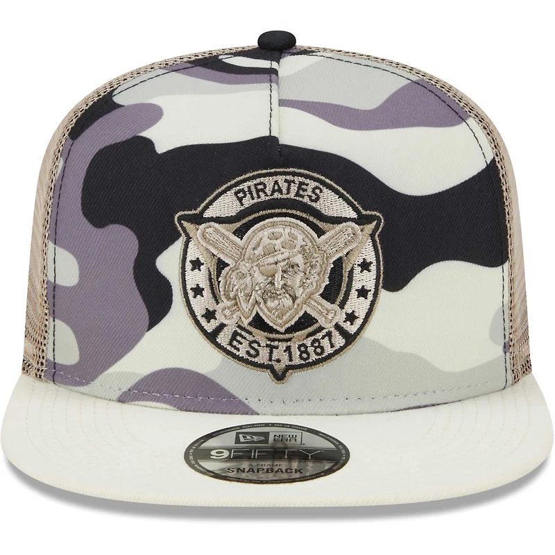 Men's New Era White Pittsburgh Pirates Chrome Camo A-Frame 9FIFTY Trucker Snapback Hat