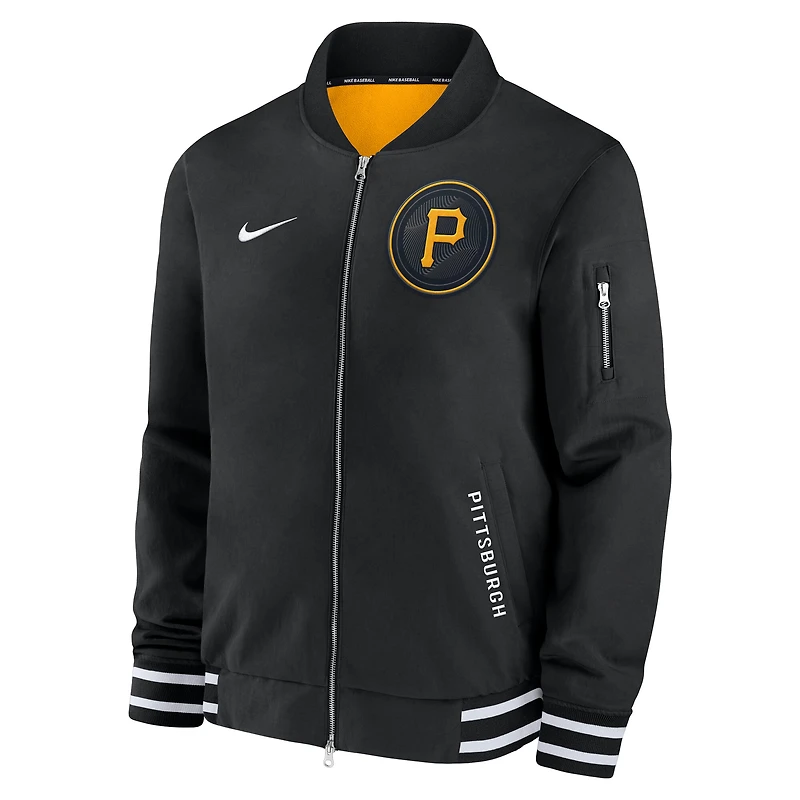 Veste aviateur entièrement zippée Nike City Connect pour homme, collection authentique des Pirates de Pittsburgh, noire