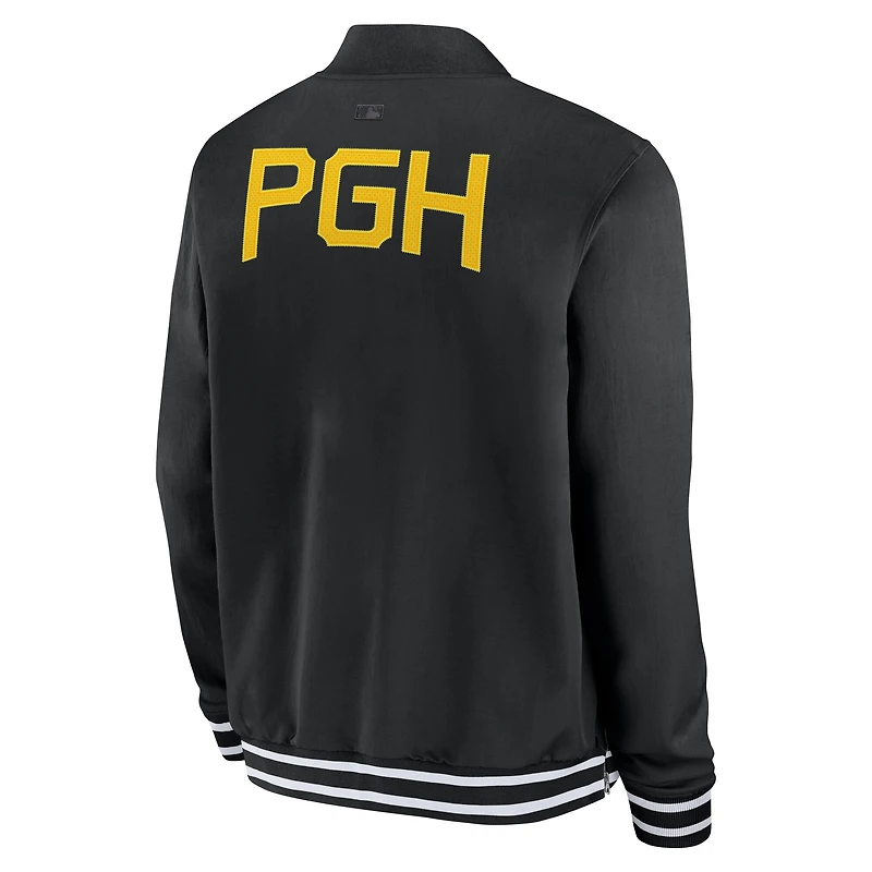 Veste aviateur entièrement zippée Nike City Connect pour homme, collection authentique des Pirates de Pittsburgh, noire