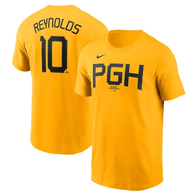T-shirt Nike Bryan Reynolds doré pour homme, avec nom et numéro Fuse City Connect des Pirates de Pittsburgh