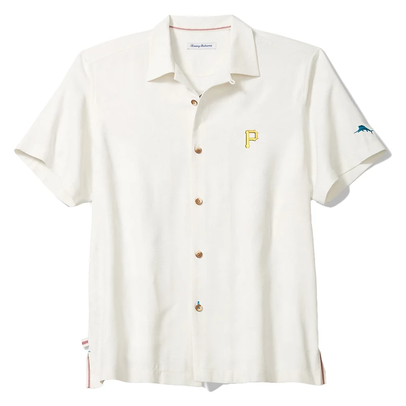 Men's Tommy Bahama White Pittsburgh Pirates Island Fly Ball Camp COOLMAX Tri-Blend Button-Up Shirt