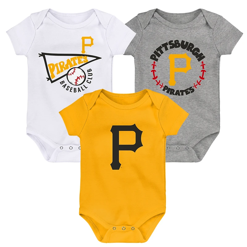 Newborn & Infant Gold/White/Heather Gray Pittsburgh Pirates Biggest Little Fan 3-Pack Bodysuit Set