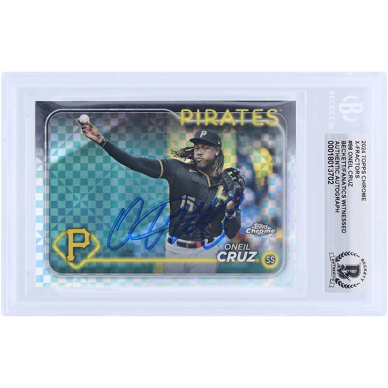 Carte autographiée Oneil Cruz des Pirates de Pittsburgh Topps Chrome X-Fractor #98 Beckett 2024, carte authentifiée et témoin des fanatiques