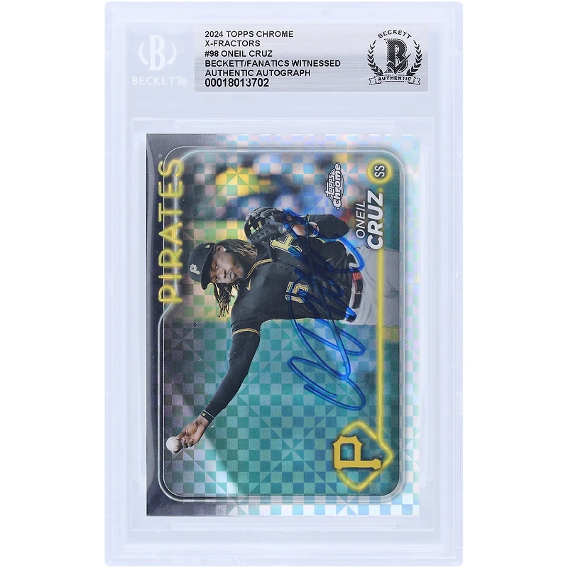 Carte autographiée Oneil Cruz des Pirates de Pittsburgh Topps Chrome X-Fractor #98 Beckett 2024, carte authentifiée et témoin des fanatiques