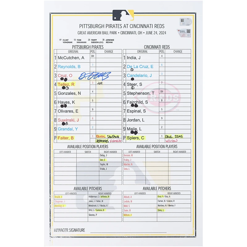 Carte dédicacée Oneil Cruz des Pirates de Pittsburgh lors du match contre les Reds de Cincinnati le 24 juin 2024
