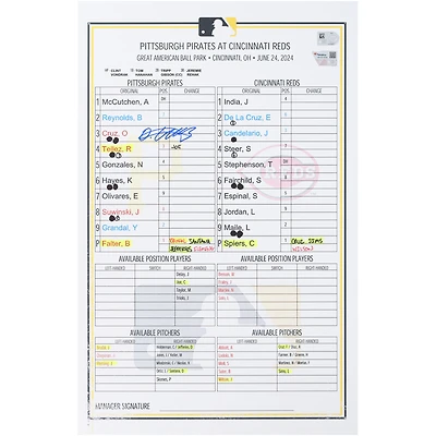Carte dédicacée Oneil Cruz des Pirates de Pittsburgh lors du match contre les Reds de Cincinnati le 24 juin 2024