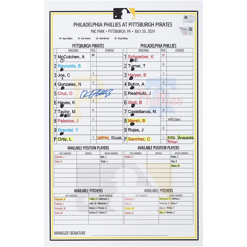 Carte dédicacée Oneil Cruz des Pirates de Pittsburgh lors du match contre les Phillies de Philadelphie le 20 juillet 2024