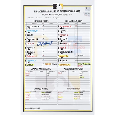 Carte dédicacée Oneil Cruz des Pirates de Pittsburgh lors du match contre les Phillies de Philadelphie le 20 juillet 2024