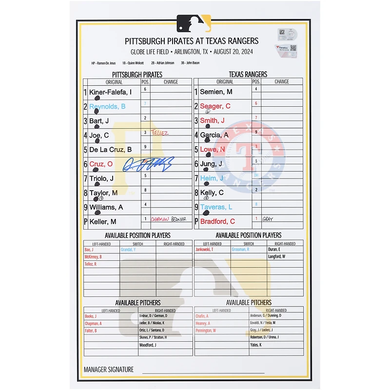 Carte dédicacée Oneil Cruz des Pirates de Pittsburgh lors du match contre les Rangers du Texas le 20 août 2024