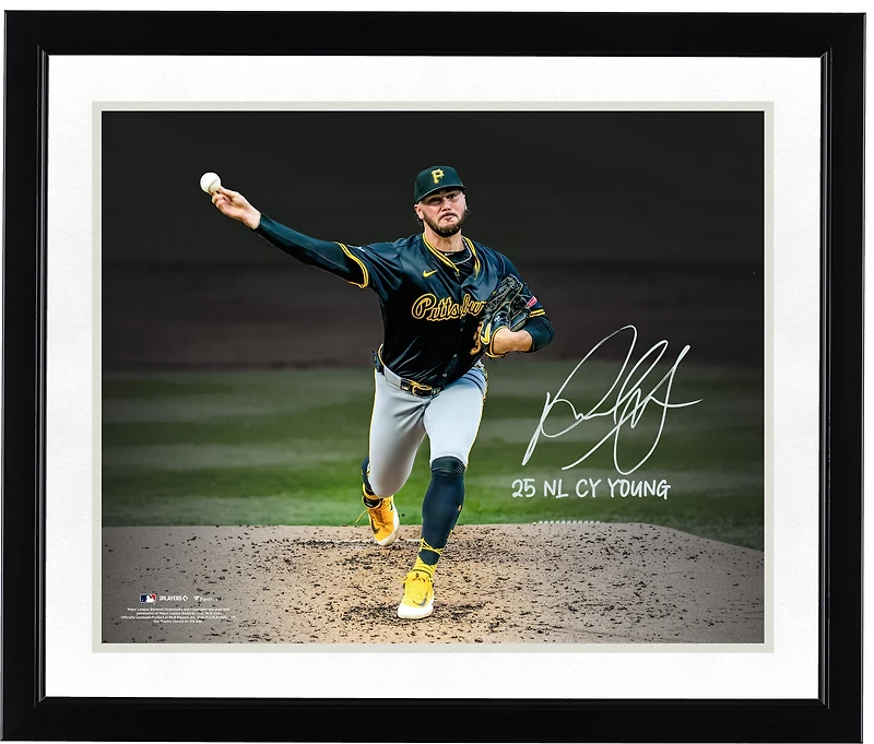 Photo de lanceur autographiée de Paul Skenes, des Pirates de Pittsburgh, 40,6 x 50,8 cm, avec inscription « 25 Cy Young de la Ligue nationale ».
