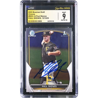 Carte autographiée par Paul Skenes (Pittsburgh Pirates) de la série Topps Bowman Draft Chrome 2023 (1re série Bowman #BDC-14), authentifiée par CGC (9/10).