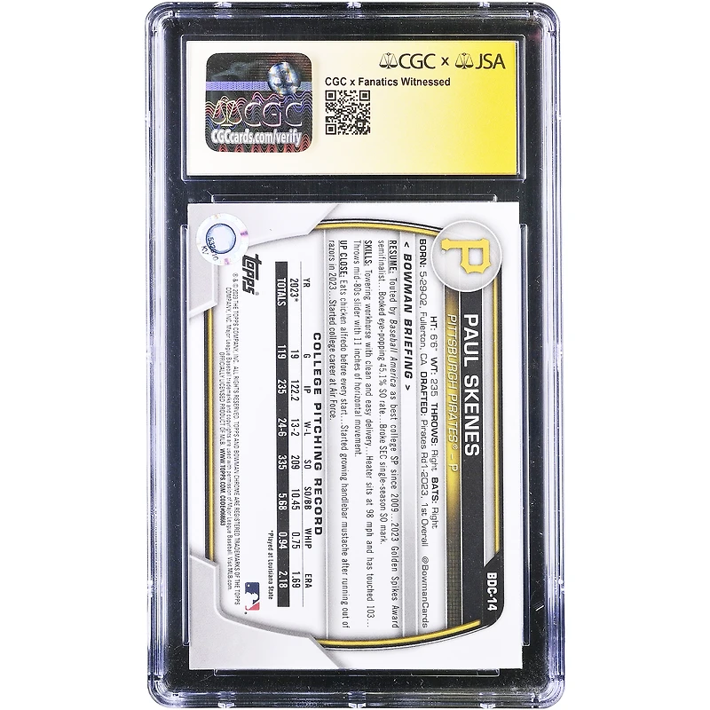Carte autographiée de Paul Skenes (Pittsburgh Pirates) de la série Topps Bowman Draft Chrome 2023, numéro BDC-14, authentifiée CGC, état neuf (9/10), avec inscription « 24 NL ROY ».