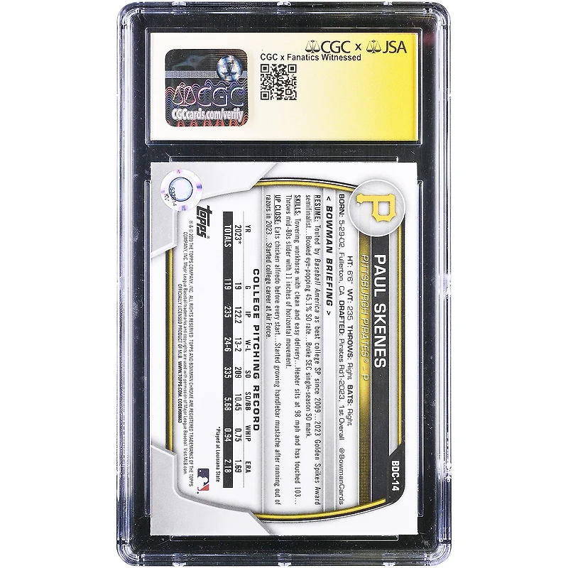 Carte authentifiée par Paul Skenes (Pittsburgh Pirates) – Topps Bowman Draft Chrome 1ère série 2023, n° BDC-14, certifiée CGC par Fanatics Witnessed, avec inscription « 24 NL ROY ».