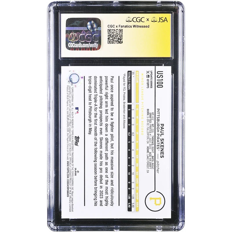Paul Skenes Pittsburgh Pirates Autographed 2024 Topps Update #US100 CGC Authenticated /10 Rookie Card