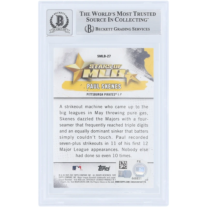 Paul Skenes Pittsburgh Pirates Autographed 2025 Topps Stars of the MLB #SMLB-27 Beckett Fanatics Witnessed Authenticated 9/10 Card