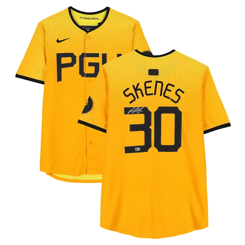 Maillot Nike City Connect doré dédicacé par Paul Skenes des Pirates de Pittsburgh
