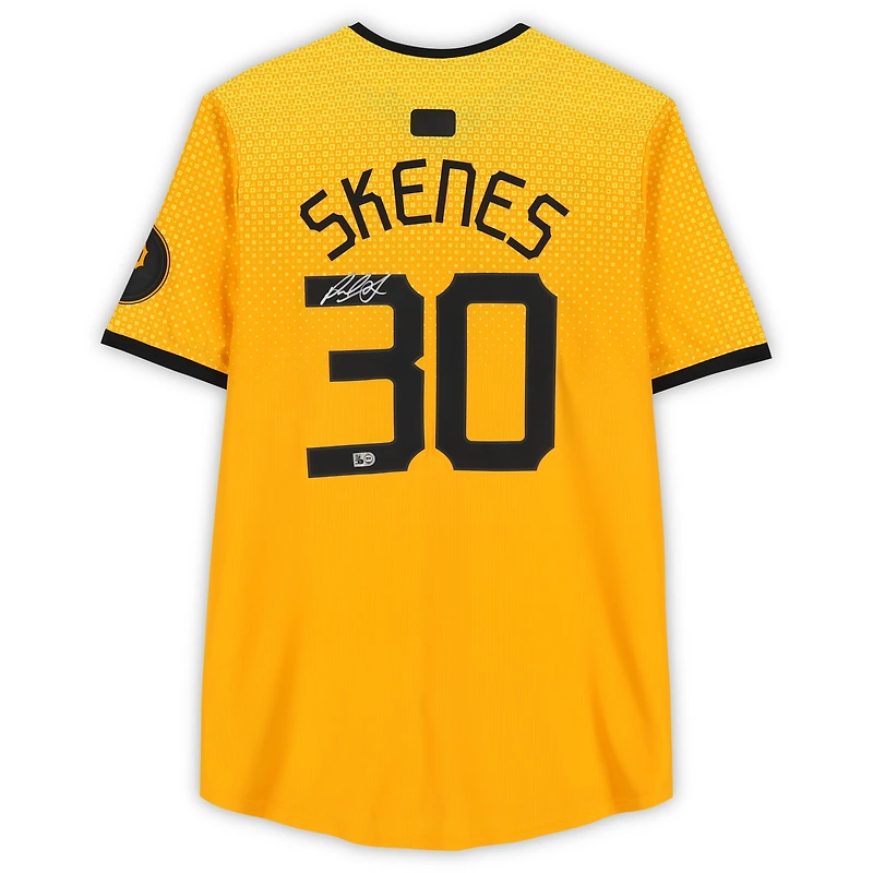 Maillot Nike City Connect doré dédicacé par Paul Skenes des Pirates de Pittsburgh