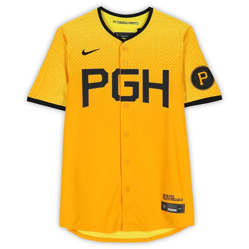 Maillot Nike City Connect doré dédicacé par Paul Skenes des Pirates de Pittsburgh