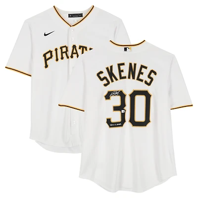 Maillot réplique blanc Nike autographié par Paul Skenes des Pirates de Pittsburgh avec inscription « 25 NL Cy Young »