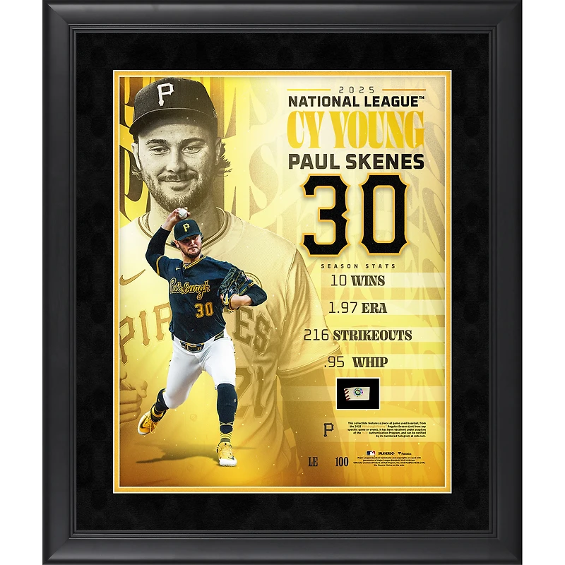 Collage encadré 40,6 x 50,8 cm (16 x 20 pouces) de Paul Skenes, Pittsburgh Pirates, trophée Cy Young 2025 de la Ligue nationale, avec un morceau de balle utilisée en match - Édition limitée à 100 exemplaires