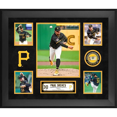 Collage encadré de 5 photos de Paul Skenes (Pittsburgh Pirates) avec un morceau de balle utilisée en match - Édition limitée à 500 exemplaires