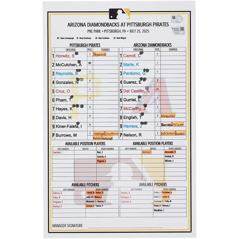 Carte de composition des équipes des Pirates de Pittsburgh lors du match contre les Diamondbacks de l'Arizona, le 25 juillet 2025