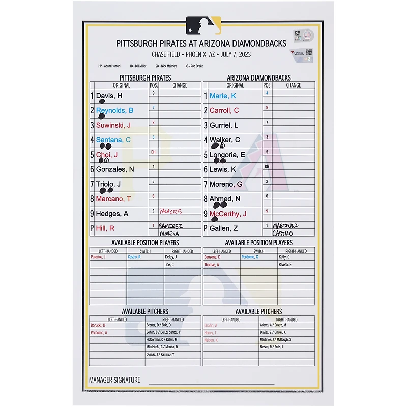 Carte de composition des équipes des Pirates de Pittsburgh contre les Diamondbacks de l'Arizona le juillet 2023