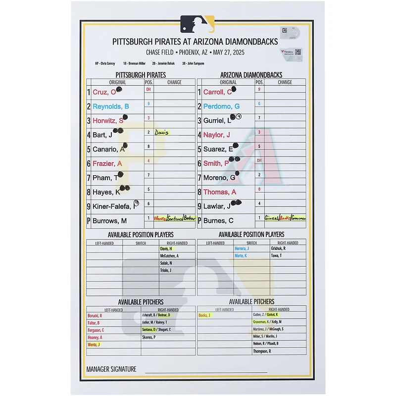 Carte de composition des Pirates de Pittsburgh lors du match contre les Diamondbacks de l'Arizona, le 27 mai 2025