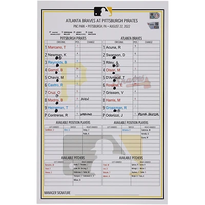 Carte de composition des équipes des Pirates de Pittsburgh lors du match contre les Braves d'Atlanta le 22 août 2022