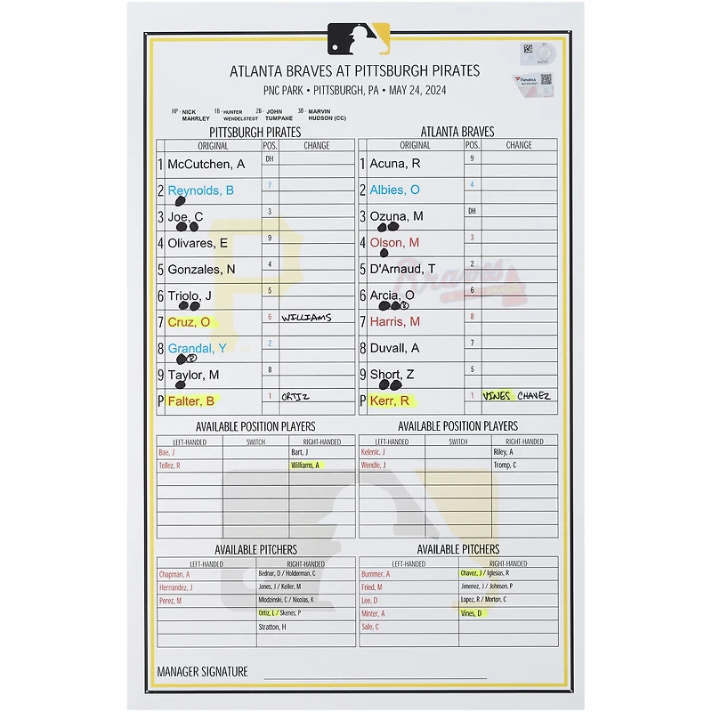 Pittsburgh Pirates Game-Used Lineup Card vs. Atlanta Braves on May 24, 2024