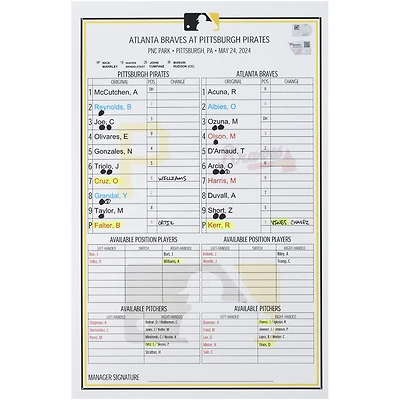 Pittsburgh Pirates Game-Used Lineup Card vs. Atlanta Braves on May 24, 2024