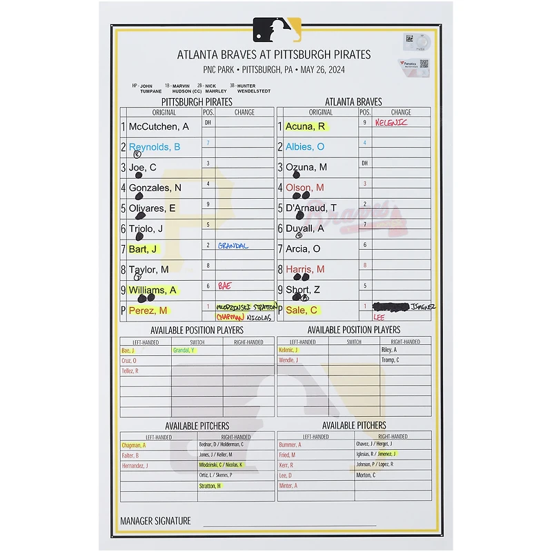 Pittsburgh Pirates Game-Used Lineup Card vs. Atlanta Braves on May 26, 2024