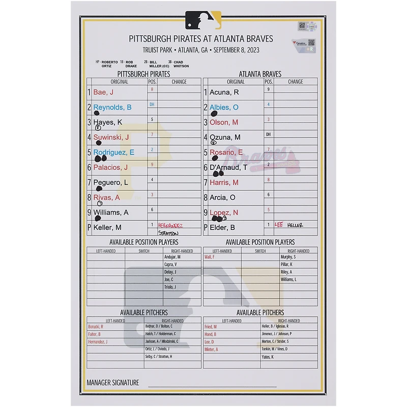 Carte de composition des équipes des Pirates de Pittsburgh lors du match contre les Braves d'Atlanta le septembre 2023