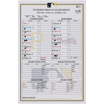 Carte de composition des équipes des Pirates de Pittsburgh lors du match contre les Braves d'Atlanta le septembre 2023