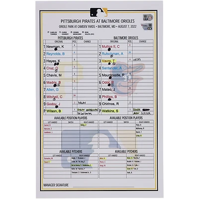 Carte de composition des équipes des Pirates de Pittsburgh contre les Orioles de Baltimore le 7 août 2022