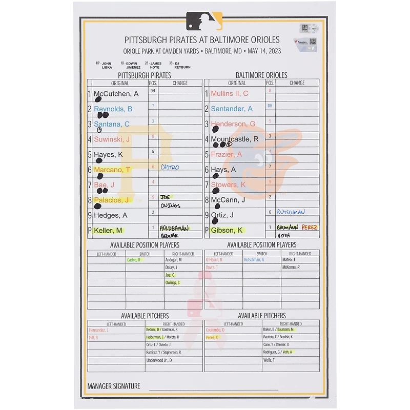 Carte de composition des équipes des Pirates de Pittsburgh contre les Orioles de Baltimore le 14 mai 2023
