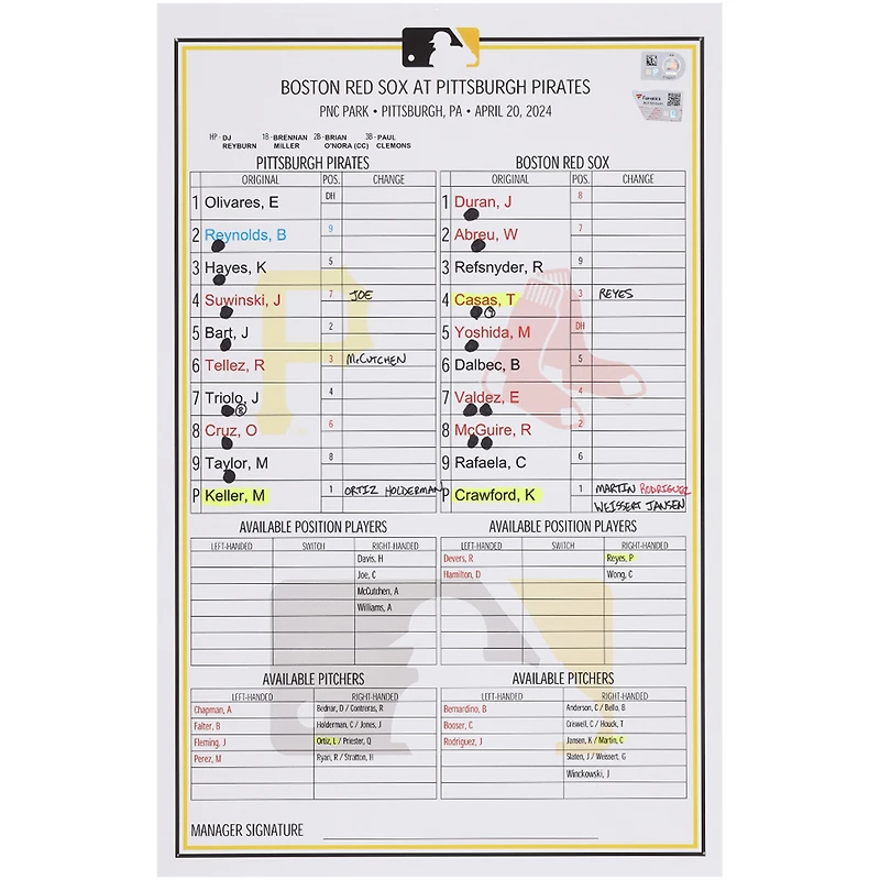 Pittsburgh Pirates Game-Used Lineup Card vs. Boston Red Sox on April 20, 2024